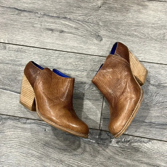 • JEFFREY CAMPBELL • Ibiza Last Vinton Brown Leather Stack Heel Mules Booties