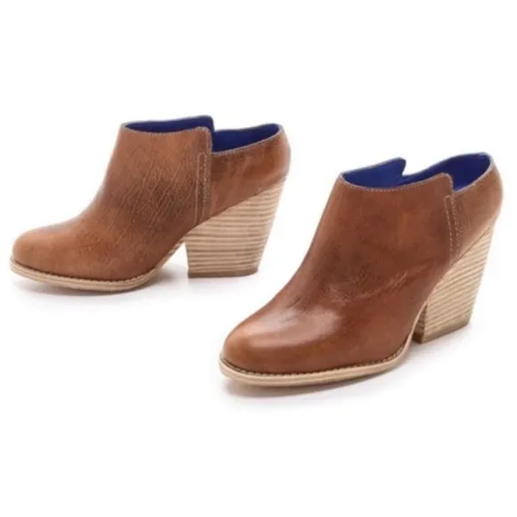 • JEFFREY CAMPBELL • Ibiza Last Vinton Brown Leather Stack Heel Mules Booties