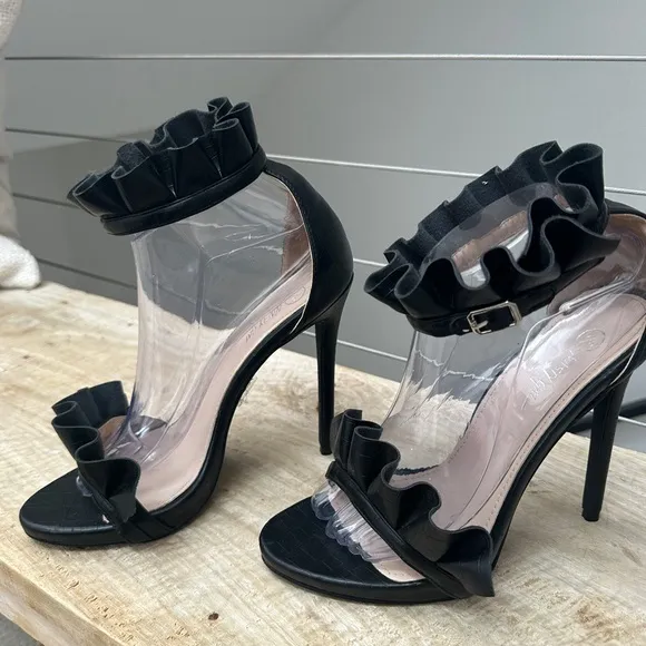- Nasty Gal Black Faux Leather Ruffle Ankle Strap Stiletto Heel Luxury Size 7/40