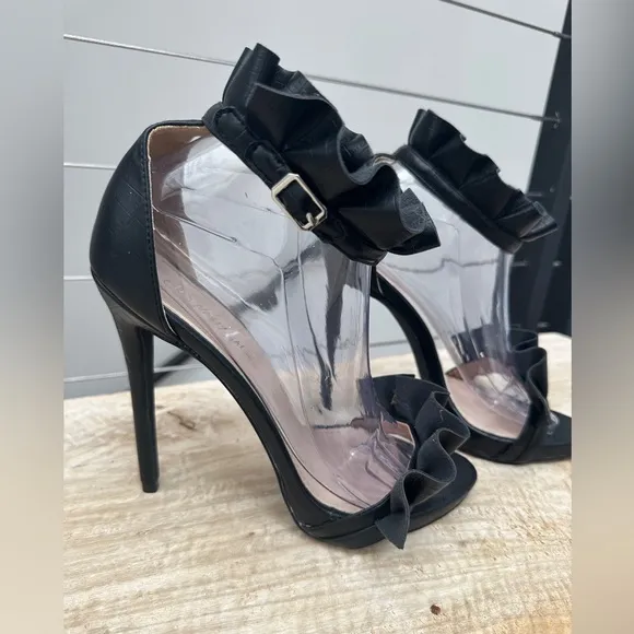 - Nasty Gal Black Faux Leather Ruffle Ankle Strap Stiletto Heel Luxury Size 7/40