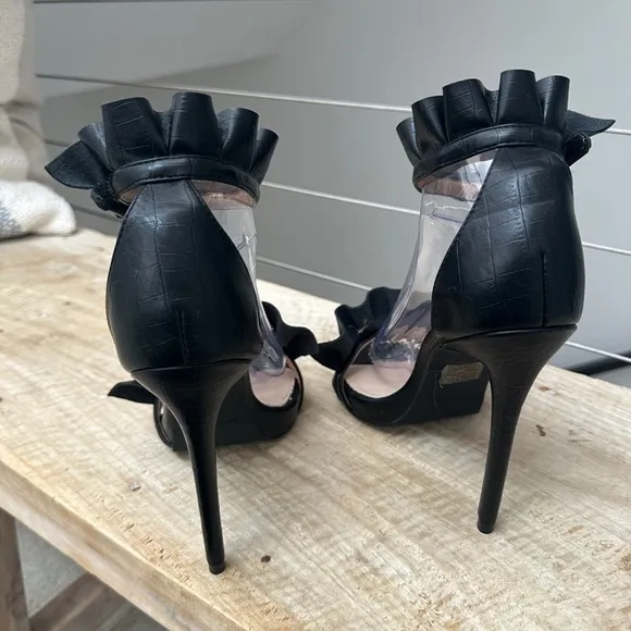 - Nasty Gal Black Faux Leather Ruffle Ankle Strap Stiletto Heel Luxury Size 7/40