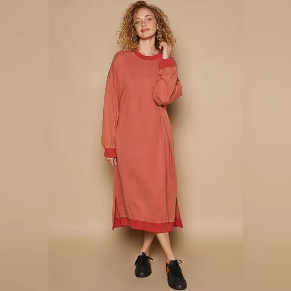 🆕 POL - Cozy French Terry Long Dress - Pockets - Star Embroidery - 100% COTTON