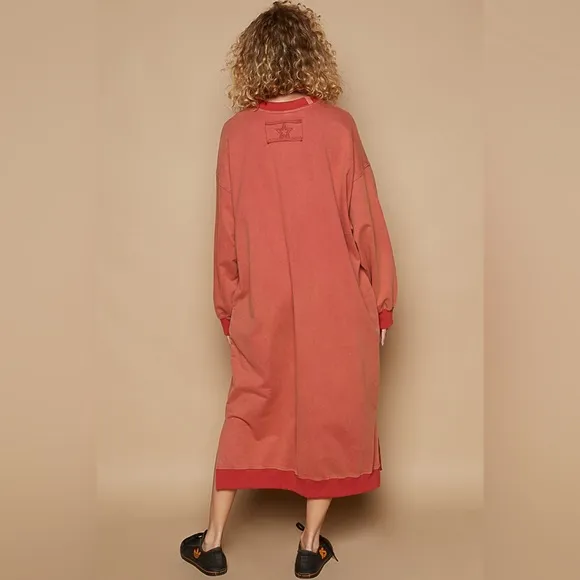 🆕 POL - Cozy French Terry Long Dress - Pockets - Star Embroidery - 100% COTTON