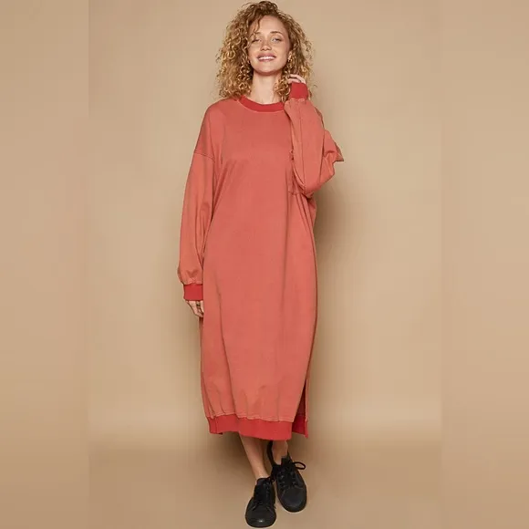 🆕 POL - Cozy French Terry Long Dress - Pockets - Star Embroidery - 100% COTTON