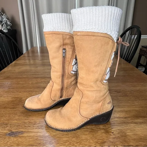 ⭐️ UGG Women's Skylair Wedge Boots Tan Leather Zip Lace Up Knit Sweater Size 8