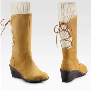 ⭐️ UGG Women's Skylair Wedge Boots Tan Leather Zip Lace Up Knit Sweater Size 8