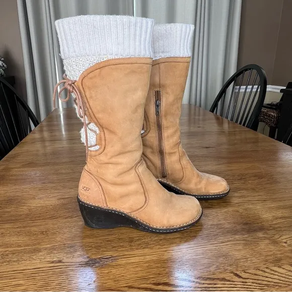 ⭐️ UGG Women's Skylair Wedge Boots Tan Leather Zip Lace Up Knit Sweater Size 8