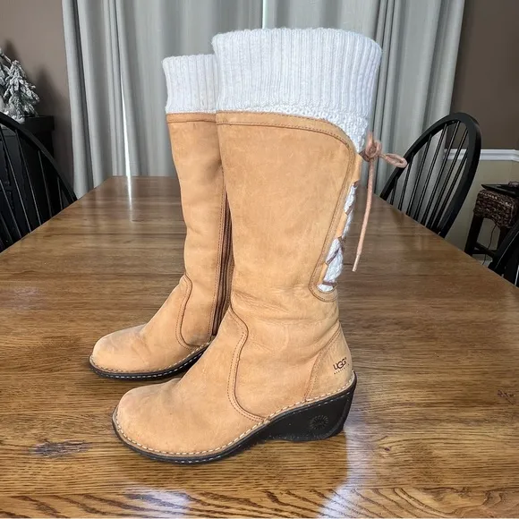 ⭐️ UGG Women's Skylair Wedge Boots Tan Leather Zip Lace Up Knit Sweater Size 8