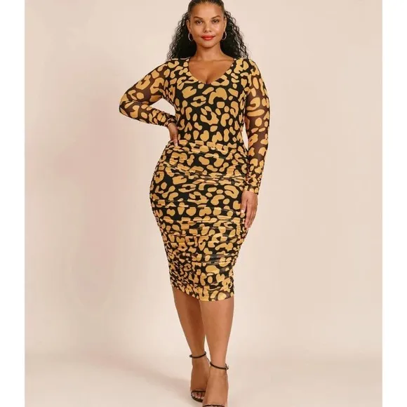 11 Honoré Iris‎ Ruched Mesh Long Sleeve Body-Con Dress