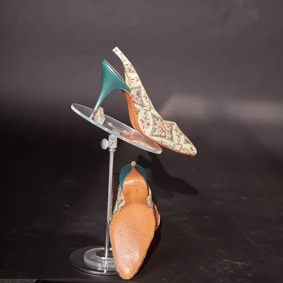 1950s Embroidered Slate Green Slingback Heels Pumps