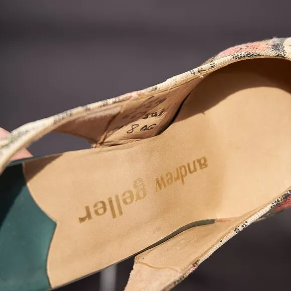 1950s Embroidered Slate Green Slingback Heels Pumps