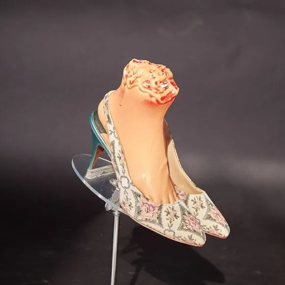 1950s Embroidered Slate Green Slingback Heels Pumps