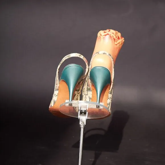 1950s Embroidered Slate Green Slingback Heels Pumps