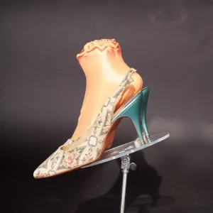 1950s Embroidered Slate Green Slingback Heels Pumps