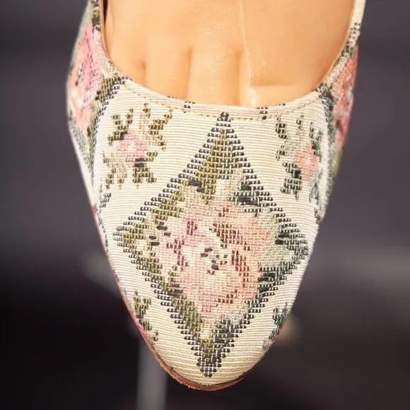 1950s Embroidered Slate Green Slingback Heels Pumps