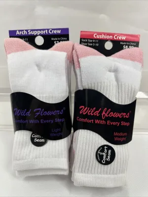(2) Wild Flowers 9-11sz LADIES One SIZE Arch Support & CREW SOCKS Cushion 3 Pair