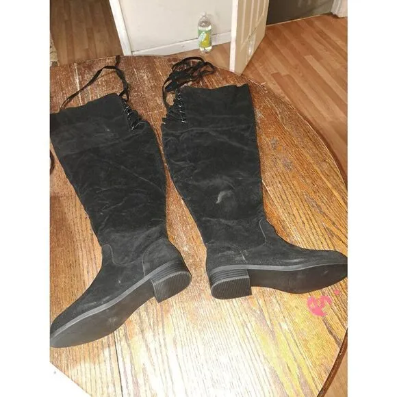 7.5E Extra Wide Shoe Dazzle Black Romona Combat Over the Knee Boots
