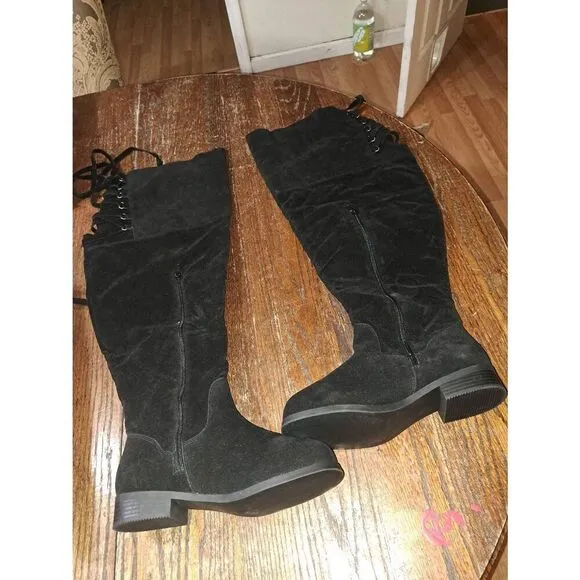 7.5E Extra Wide Shoe Dazzle Black Romona Combat Over the Knee Boots