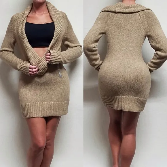 90s Deadstock Vintage Old Navy Tan Angora Rabbit Shawl Collar Sweater Dress L