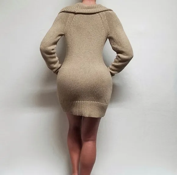 90s Deadstock Vintage Old Navy Tan Angora Rabbit Shawl Collar Sweater Dress L