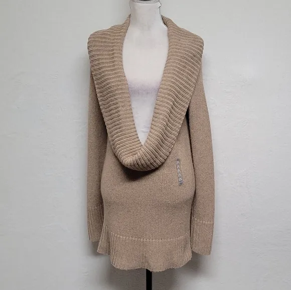 90s Deadstock Vintage Old Navy Tan Angora Rabbit Shawl Collar Sweater Dress L