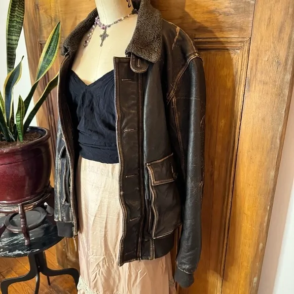 90s fossil Brown distressed oversized leather bomber varsity aviator jacket