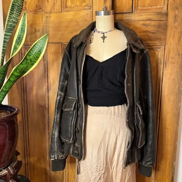90s fossil Brown distressed oversized leather bomber varsity aviator jacket