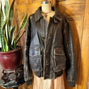 90s fossil Brown distressed oversized leather bomber varsity aviator jacket