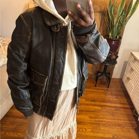90s fossil Brown distressed oversized leather bomber varsity aviator jacket