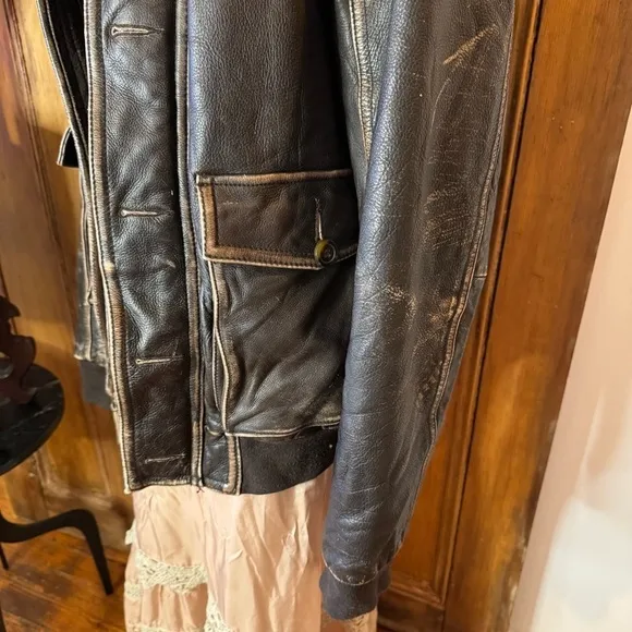 90s fossil Brown distressed oversized leather bomber varsity aviator jacket