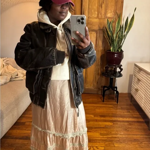 90s fossil Brown distressed oversized leather bomber varsity aviator jacket
