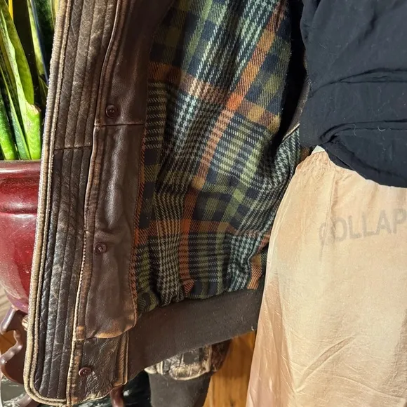 90s fossil Brown distressed oversized leather bomber varsity aviator jacket