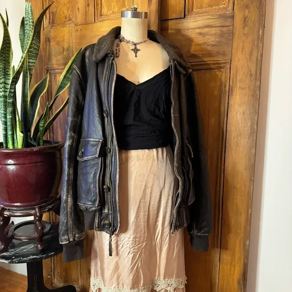90s fossil Brown distressed oversized leather bomber varsity aviator jacket