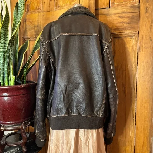 90s fossil Brown distressed oversized leather bomber varsity aviator jacket