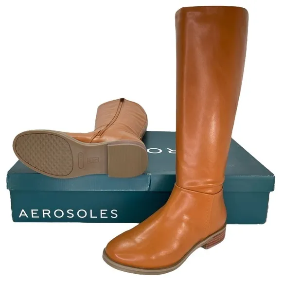 Aerosoles Knee High Womens Boots 7M Berri Tan Faux Leather Zip Up Comfort