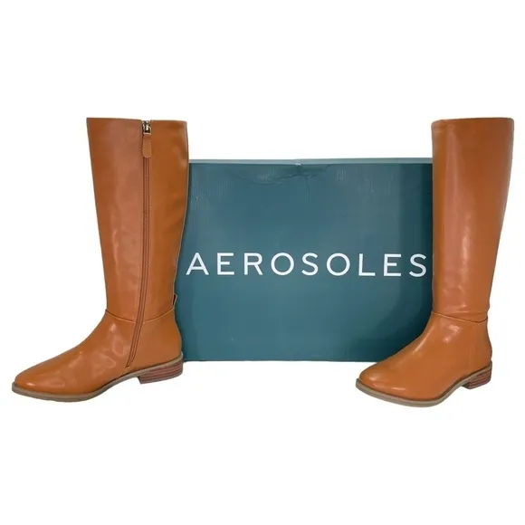 Aerosoles Knee High Womens Boots 7M Berri Tan Faux Leather Zip Up Comfort