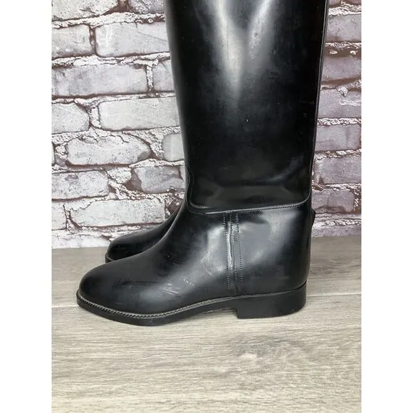 Aigle Black Rubber Pull On Low Heel Rain France Long Boots Women Sz 39EU/8.5M US