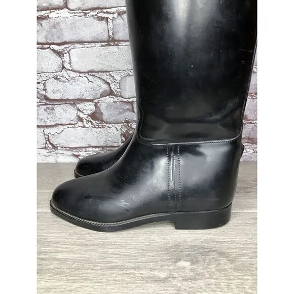 Aigle Black Rubber Pull On Low Heel Rain France Long Boots Women Sz 39EU/8.5M US