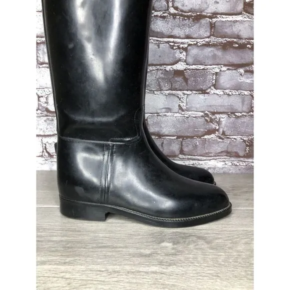 Aigle Black Rubber Pull On Low Heel Rain France Long Boots Women Sz 39EU/8.5M US