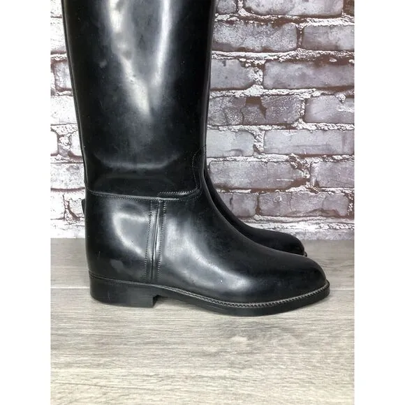 Aigle Black Rubber Pull On Low Heel Rain France Long Boots Women Sz 39EU/8.5M US