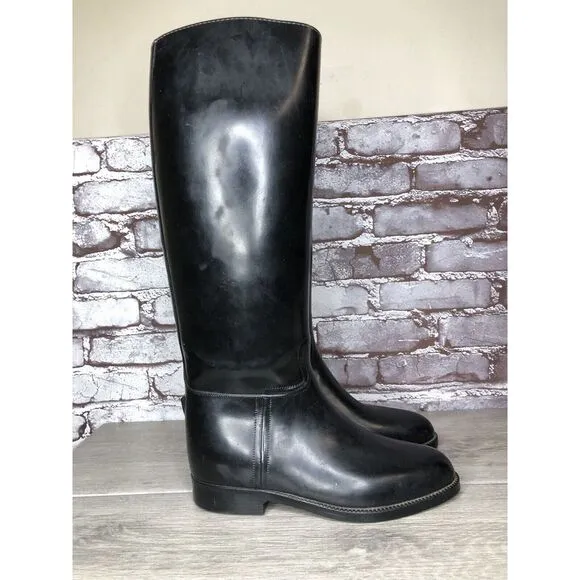 Aigle Black Rubber Pull On Low Heel Rain France Long Boots Women Sz 39EU/8.5M US