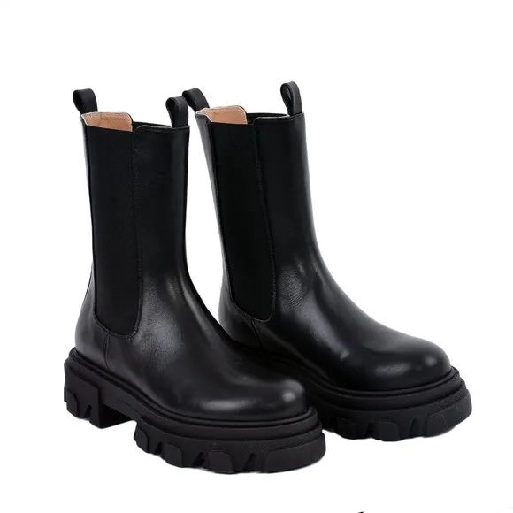 Akaada Rin Black Elastic Combat Boots 100% Leather