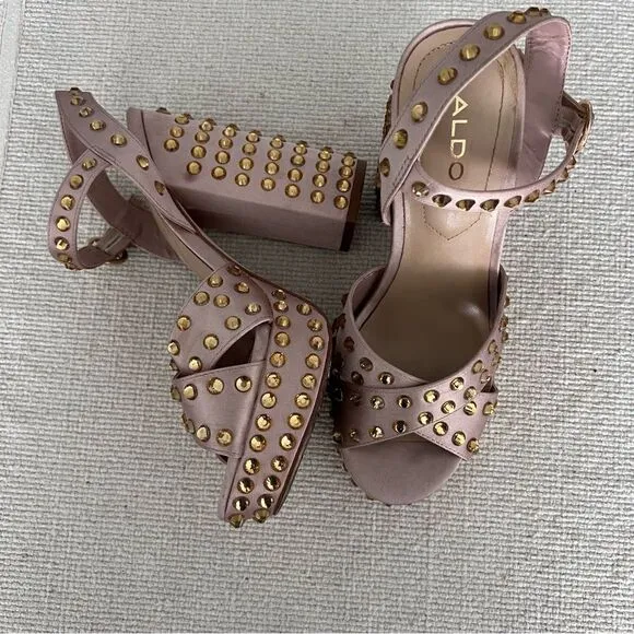 ALDO Block Heels Blush Rhinestone Platform Shoes Color Pale Pink Satin Size 7.5