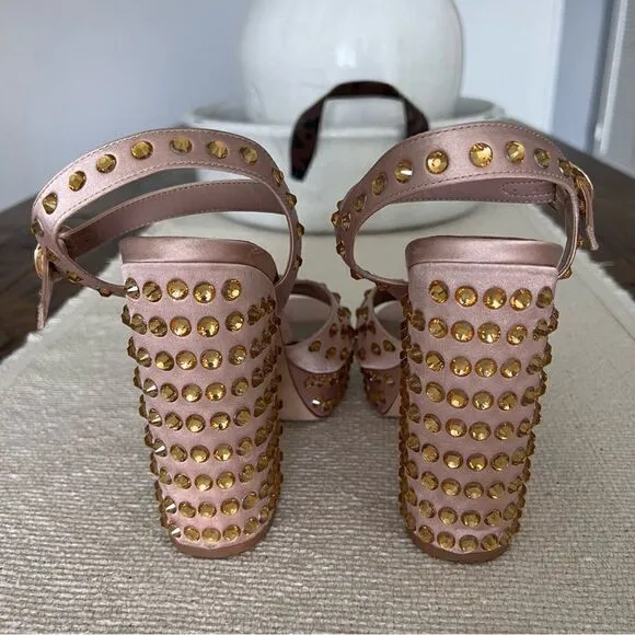 ALDO Block Heels Blush Rhinestone Platform Shoes Color Pale Pink Satin Size 7.5