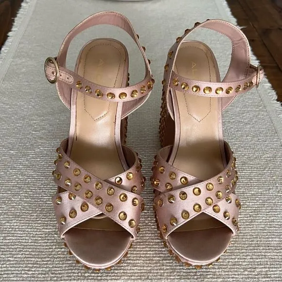 ALDO Block Heels Blush Rhinestone Platform Shoes Color Pale Pink Satin Size 7.5
