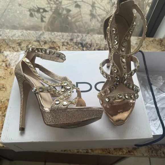 Aldo Gold Heels with Sparkling Straps and High Platform