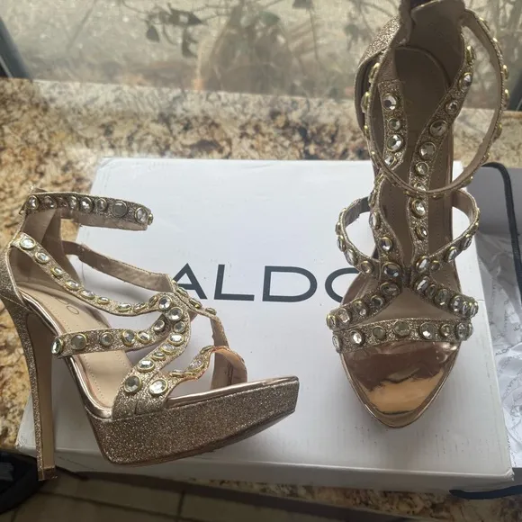Aldo Gold Heels with Sparkling Straps and High Platform