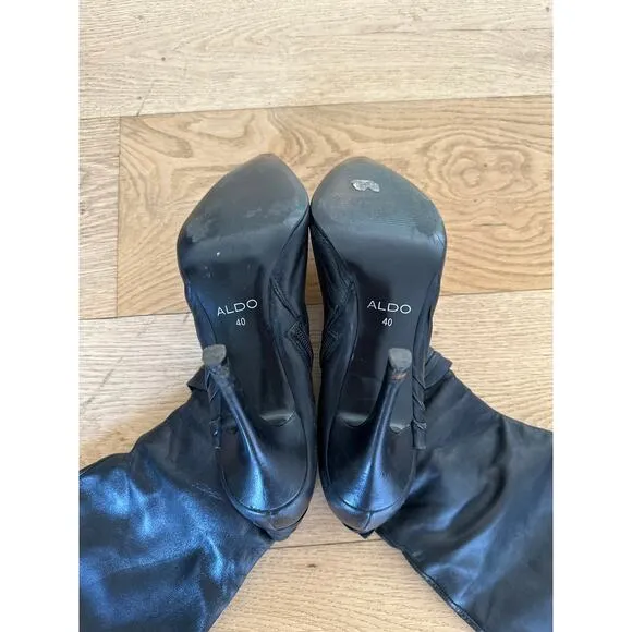 Aldo - Pointed Toe Heeled Faux Leather Boots in Black