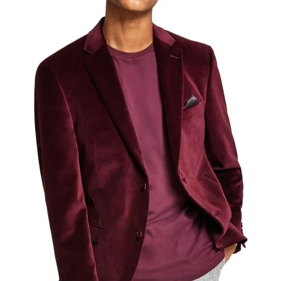 Alfani Mens Slim-Fit Velvet Two-Button Sport Coat 40 Long Burgundy - NWT $295