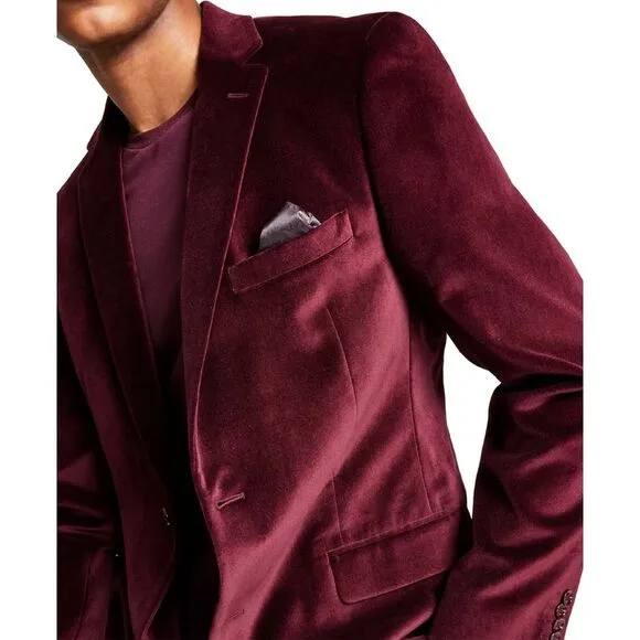 Alfani Mens Slim-Fit Velvet Two-Button Sport Coat 40 Long Burgundy - NWT $295